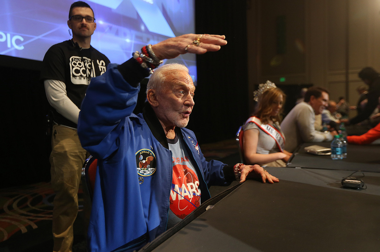 Legendary astronaut Buzz Aldrin talks with members of the press at the opening press conference for FanX 2016 in the Grand Ballroom of the Salt Palace Convention Center in Salt Lake City on Thursday, March 24, 2016. (Photo: Scott G Winterton, Deseret News)
