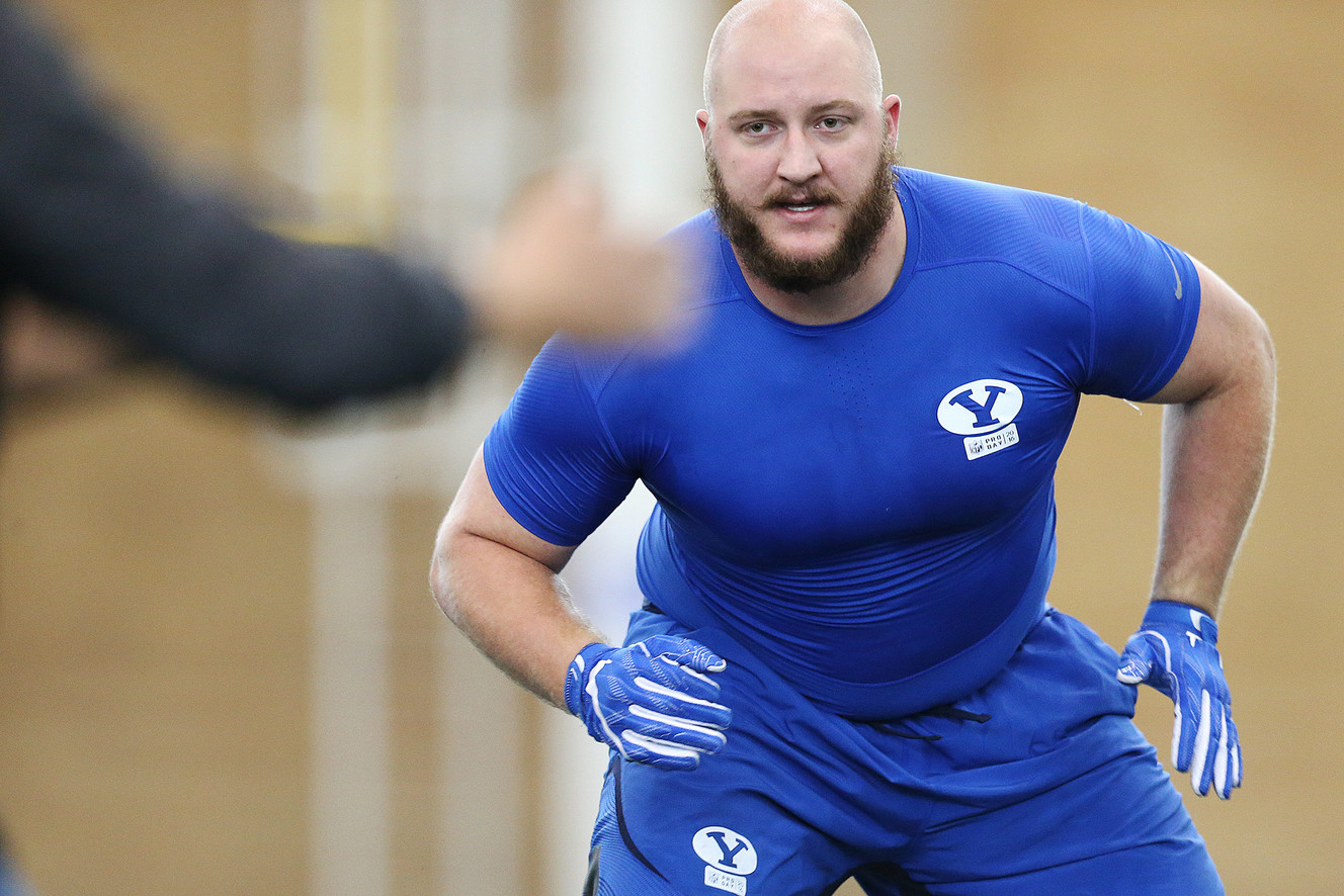 Ryker Mathews works out as BYU football players participate in Pro Day at their indoor practice facility in Provo Friday, March 25, 2016. (Photo: Scott G Winterton, Deseret News)