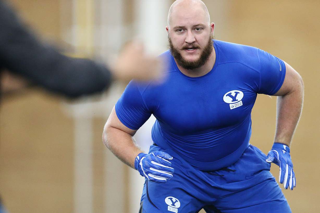 Ryker Mathews works out as BYU football players participate in Pro Day at their indoor practice facility in Provo Friday, March 25, 2016. (Photo: Scott G Winterton, Deseret News)