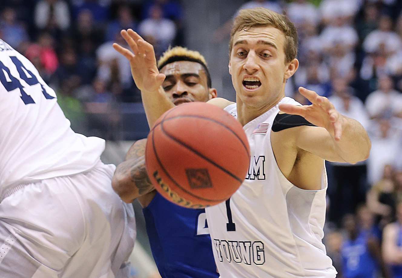BYU guard Chase Fischer (1) loses the ball as BYU and Creighton play in NIT quarterfinal action at the Marriott Center in Provo Tuesday, March 22, 2016. (Photo: Scott G Winterton, Deseret News)