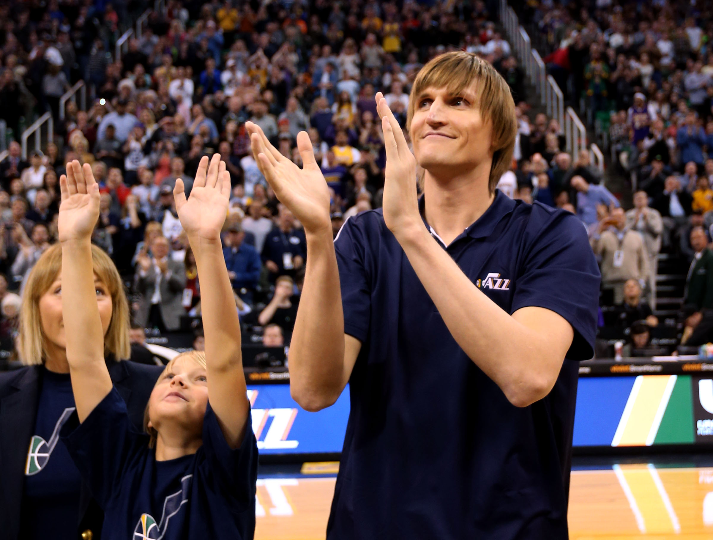 Former Jazz forward Andrei Kirilenko is recognized as he returns to the Vivint Smart Home Arena for the first time since retiring from professional basketball in Salt Lake City on Monday, March 28, 2016. (Laura Seitz/Deseret News)