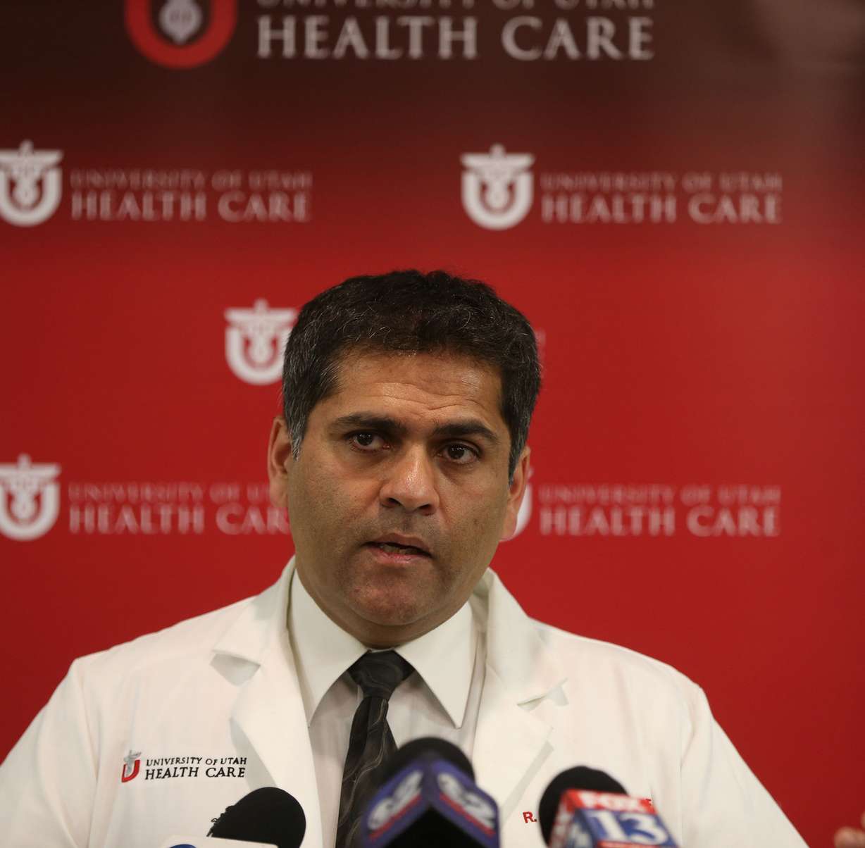 Dr. Ram Nirula, chief of trauma at University of Utah Health Care, explains the national clinical trial that the Trauma Services Department and AirMed are taking part in during a press conference in Salt Lake City on Tuesday, March 29, 2016.