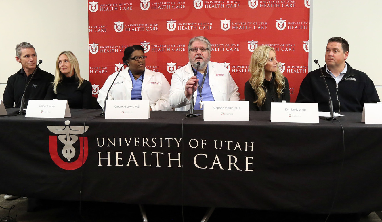 Court Empey and Amber Empey, parents of Joseph Empey; Giovonni Lewis, M.D., surgeon at the University of Utah Burn Center; Stephen Morris, M.D., medical director at the University of Utah Burn Center; and Kymberly Wells and Chad Wells, parents of Mason Wells, speak at a press conference about the progress of LDS missionaries Mason Wells and Joseph Empey, who were injured in the Brussels attacks, at the University of Utah Hospital in Salt Lake City on Thursday, March 31, 2016. (Photo: Kristin Murphy, Deseret News)