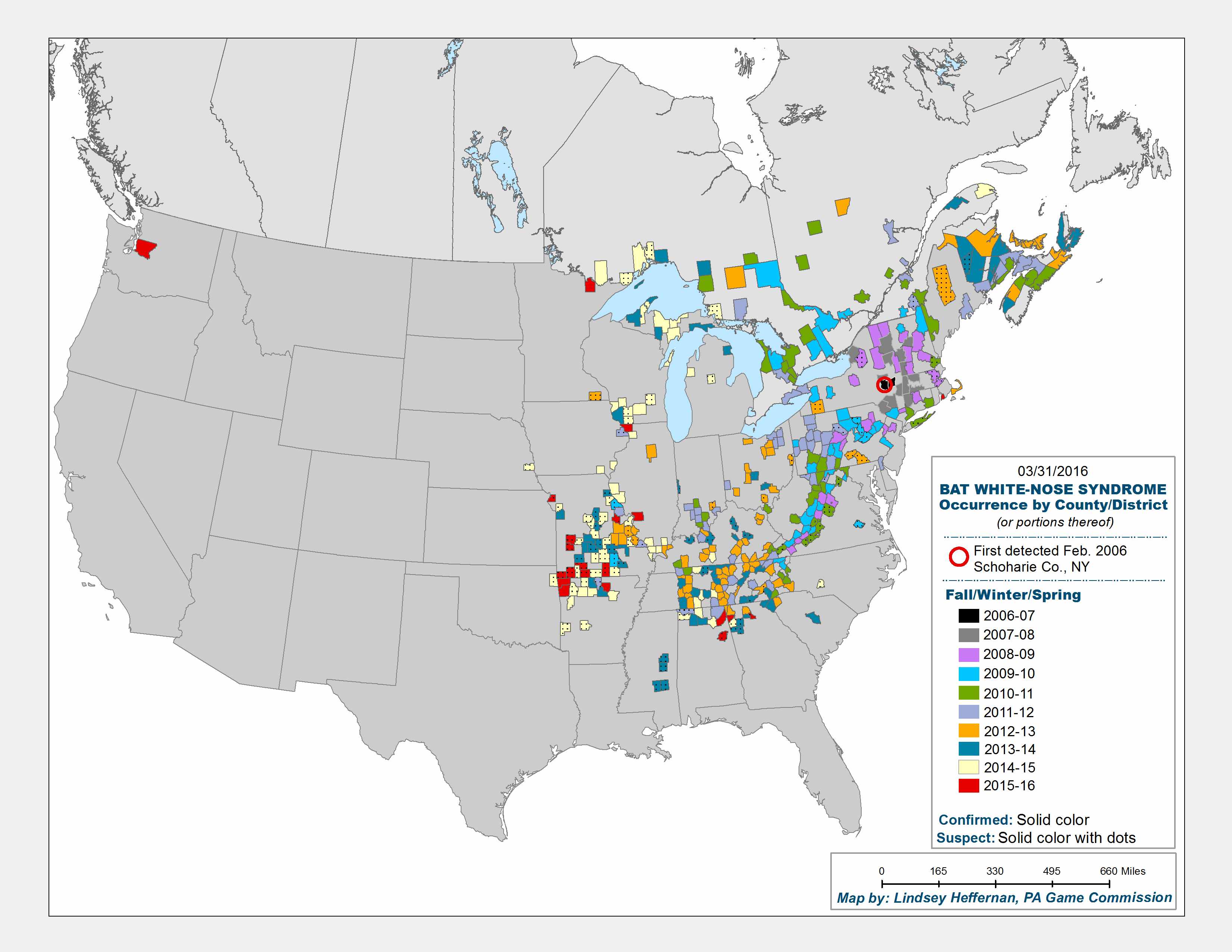 A map of where white nose syndrome has been identified. (Photo: WhiteNoseSyndrome.org)