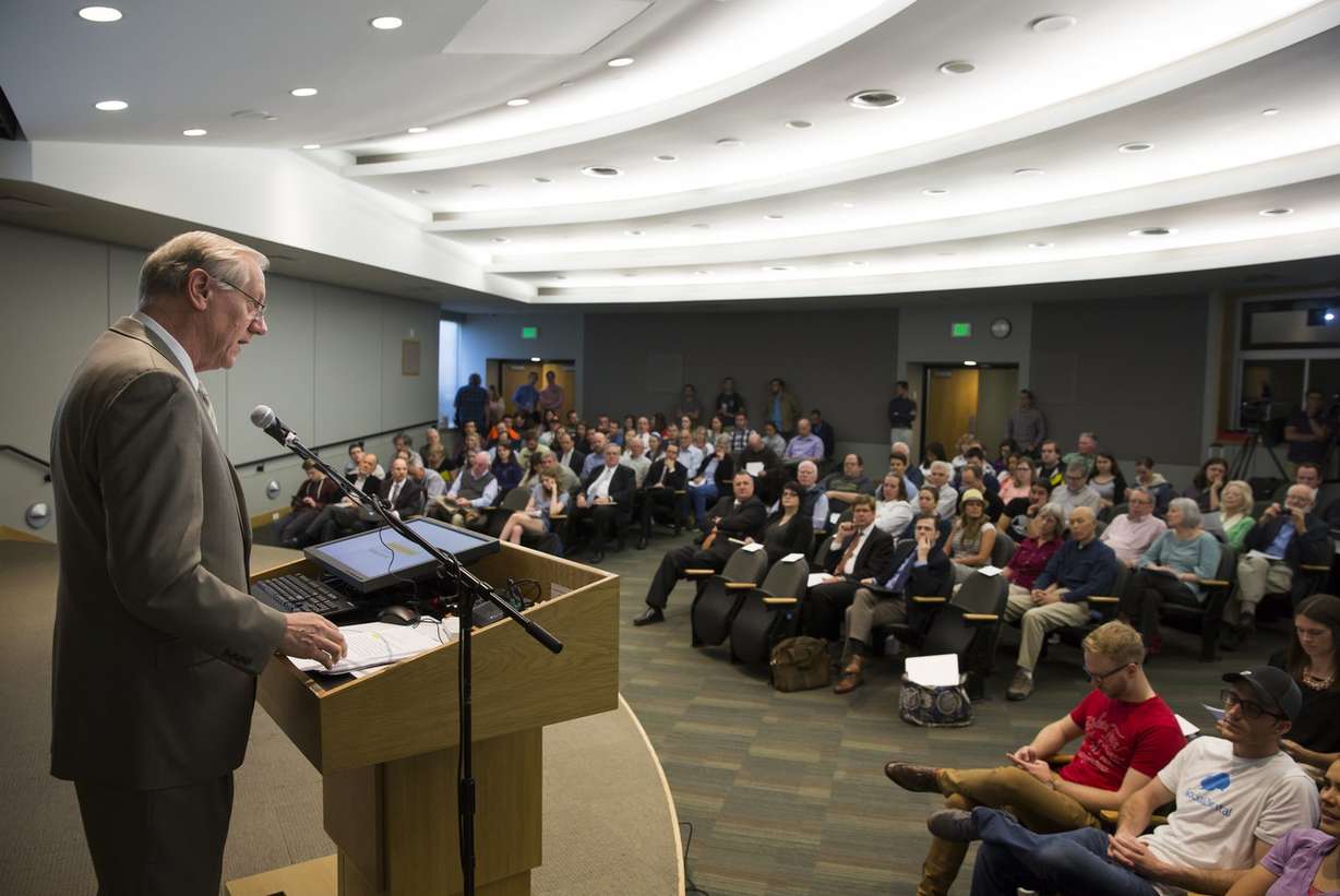 Michael Otterson, managing director of Public Affairs for The Church of Jesus Christ of Latter-day Saints, speaks before a standing-room-only audience at the 2016 Mormon Studies Conference on the topic of "Mormonism and the Art of Boundary Maintenance" at Utah Valley University in Orem, Utah, Tuesday, April 12, 2016. (Photo: August Miller, UVU Marketing & Communications)