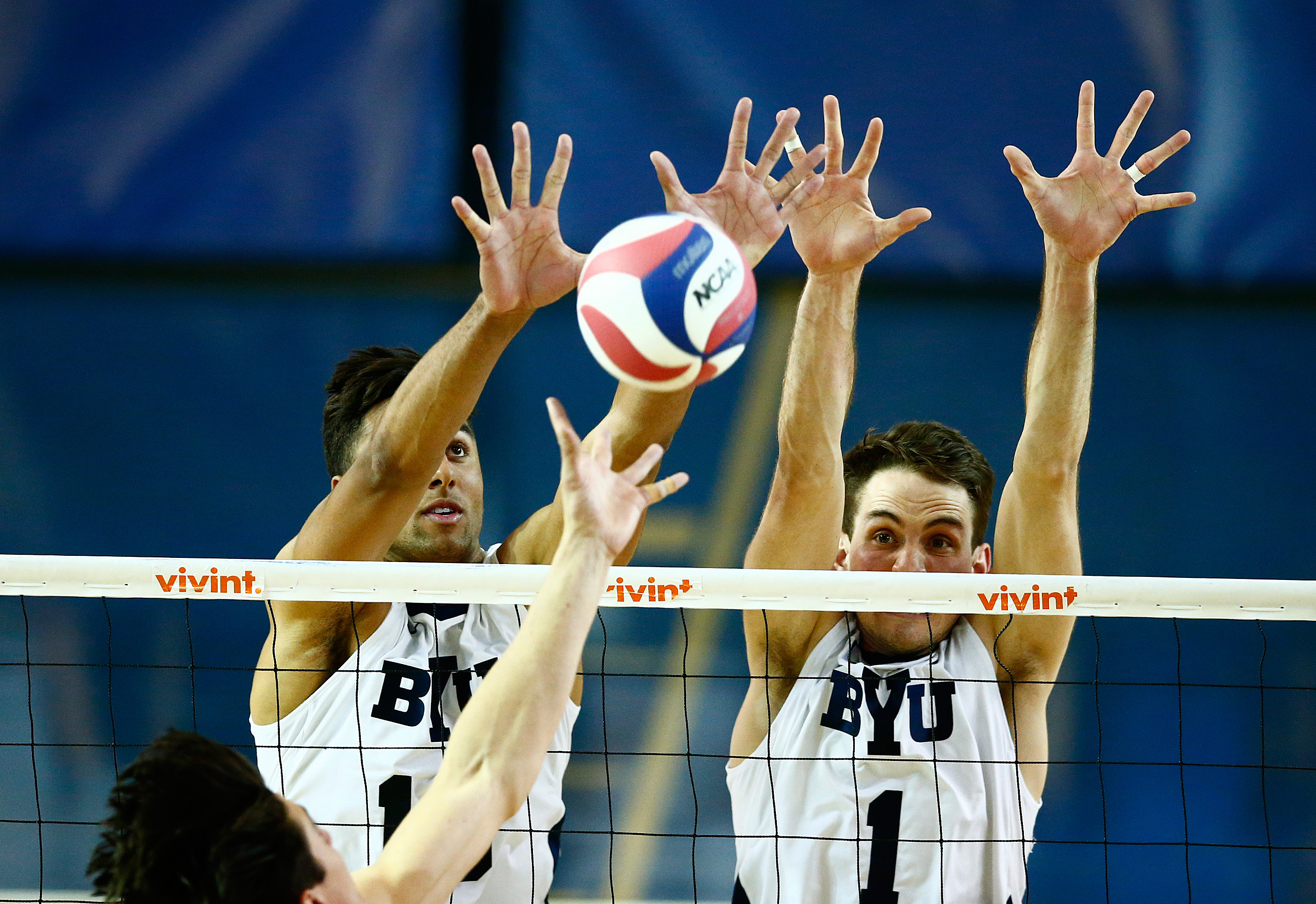 Ben Patch and Price Jarman block a UCI tip in the 1st Set. The BYU Men's Volleyball Team defeated UC Irvine 3-0 in the First Round of the MPSF Tournament in Provo, Utah. April 16, 2016. (Photo: Jaren Wilkey, BYU Photo/all rights reserved)