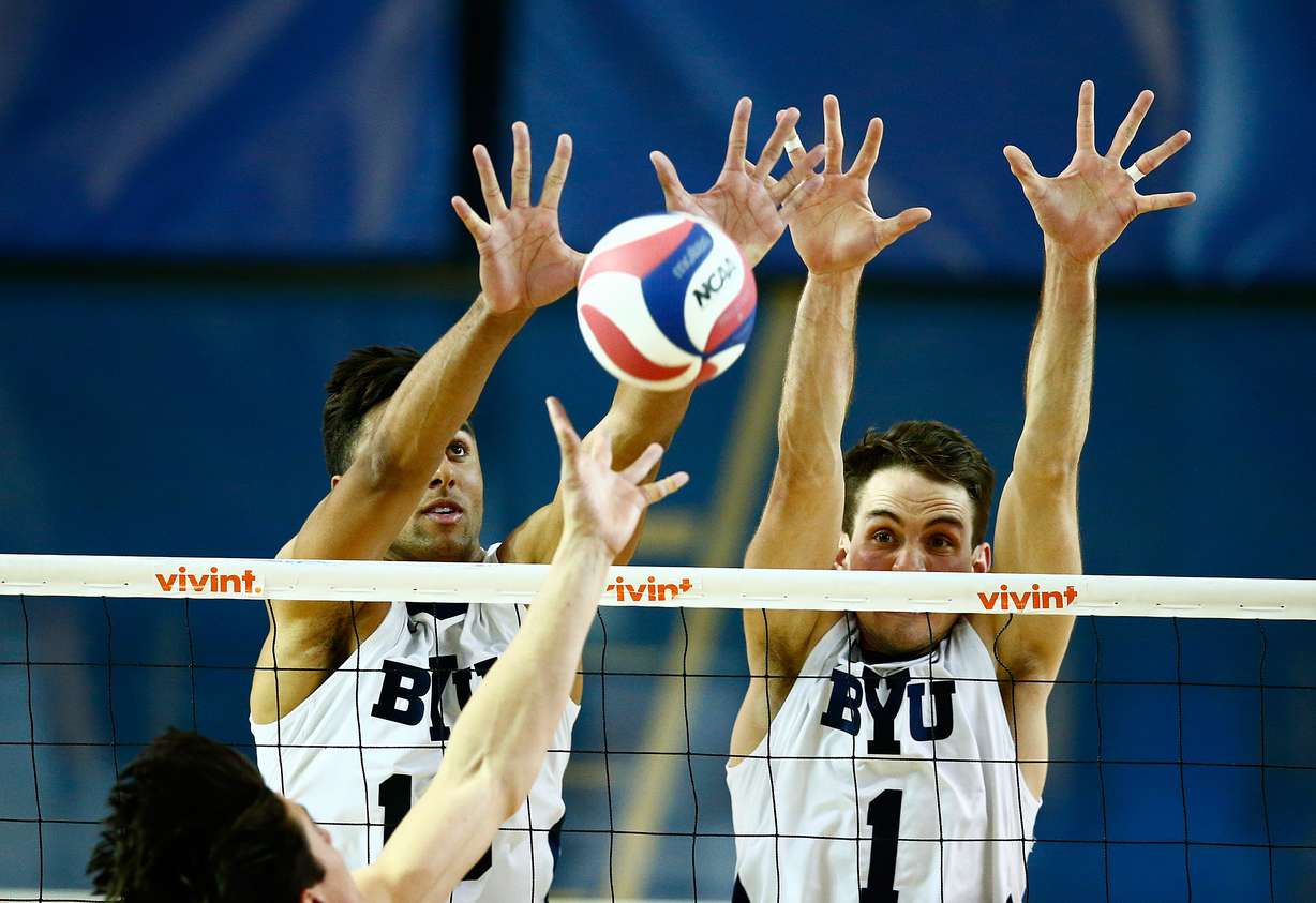 Ben Patch and Price Jarman block a UCI tip in the 1st Set. The BYU Men's Volleyball Team defeated UC Irvine 3-0 in the First Round of the MPSF Tournament in Provo, Utah. April 16, 2016. (Photo: Jaren Wilkey, BYU Photo/all rights reserved)
