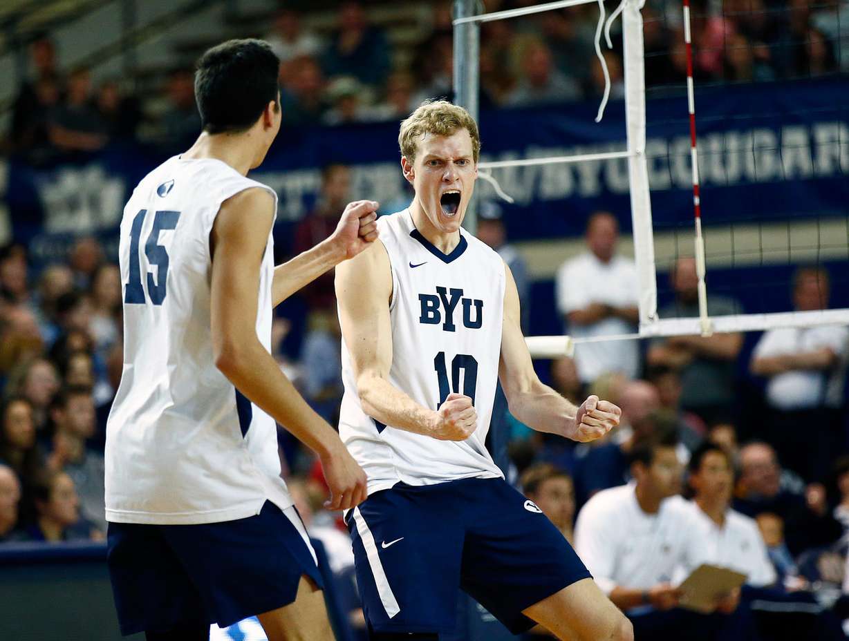 Jake Langlois celebrates a kill in a 3-0 sweep of UC Irvine in the First Round of the MPSF Tournament in Provo, Utah. April 16, 2016. (Photo: Jaren Wilkey, BYU Photo/all rights reserved)