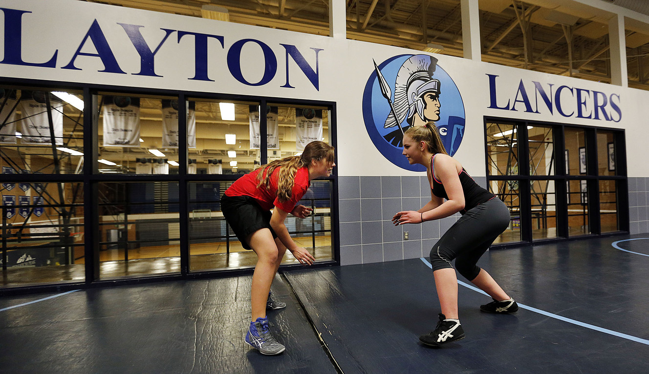 Kathleen Janis, left, wrestles with Sabrina Atherton at Layton High School in Layton, Tuesday, March 1, 2016. (Photo: Ravell Call, Deseret News)