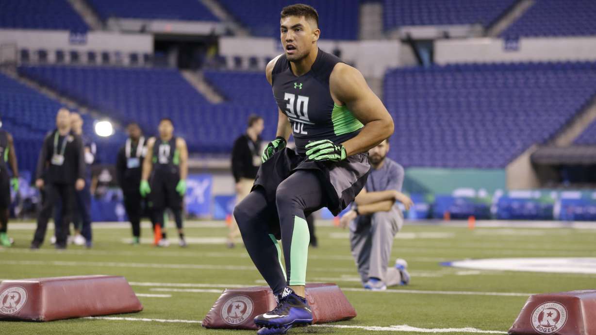 Former BYU defensive end Bronson Kaufusi, shown here during the NFL combine in 2016, had perhaps one of the most unique preseason weeks in league history. The Packers tight end baptized teammate Christian Uphoff after Green Bay's preseason finale Saturday against the Bills.