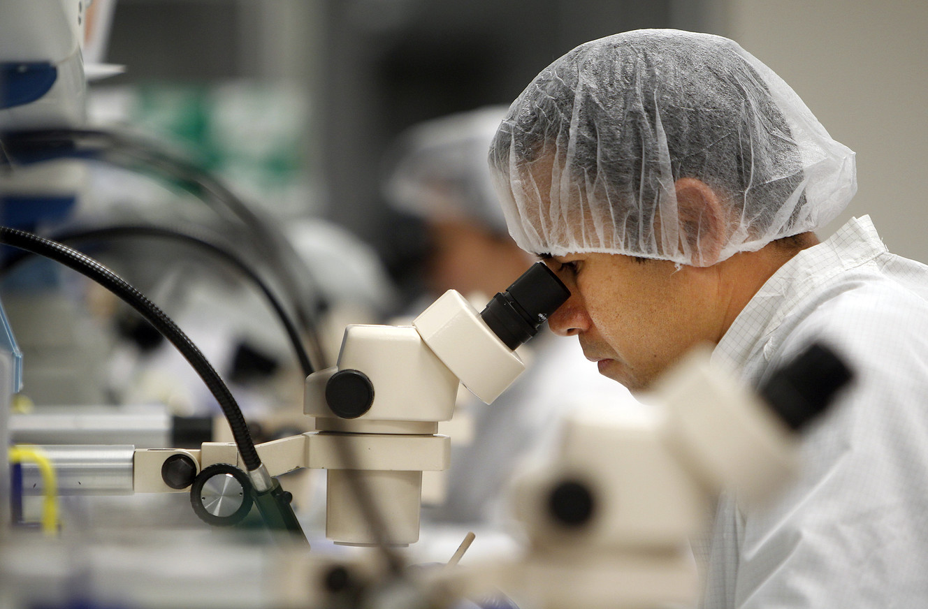 Blackrock Microsystems employees construct electrode arrays at their office in Research Park in Salt Lake City, Wednesday, April 20, 2016. (Photo: Chris Samuels, Deseret News)