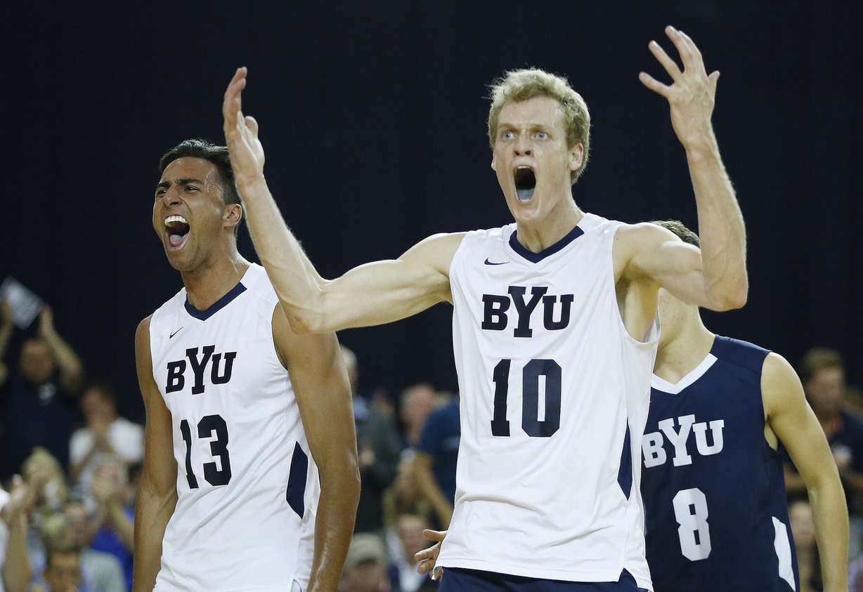 BYU's Jake LanGlois and Ben Patch celebrate a point against UC Santa Barbara during the MPSF semifinals in Provo Thursday, April 21, 2016. (Photo: Jeffrey D. Allred, Deseret News)