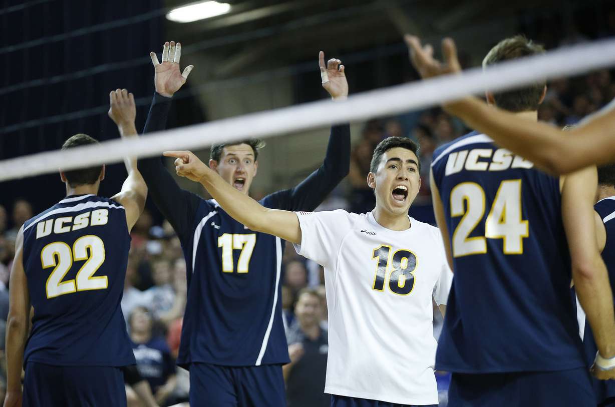 UC Santa Barbara celebrates winning a set against Brigham Young University during the MPSF semifinals in Provo Thursday, April 21, 2016. (Photo: Jeffrey D. Allred, Deseret News)