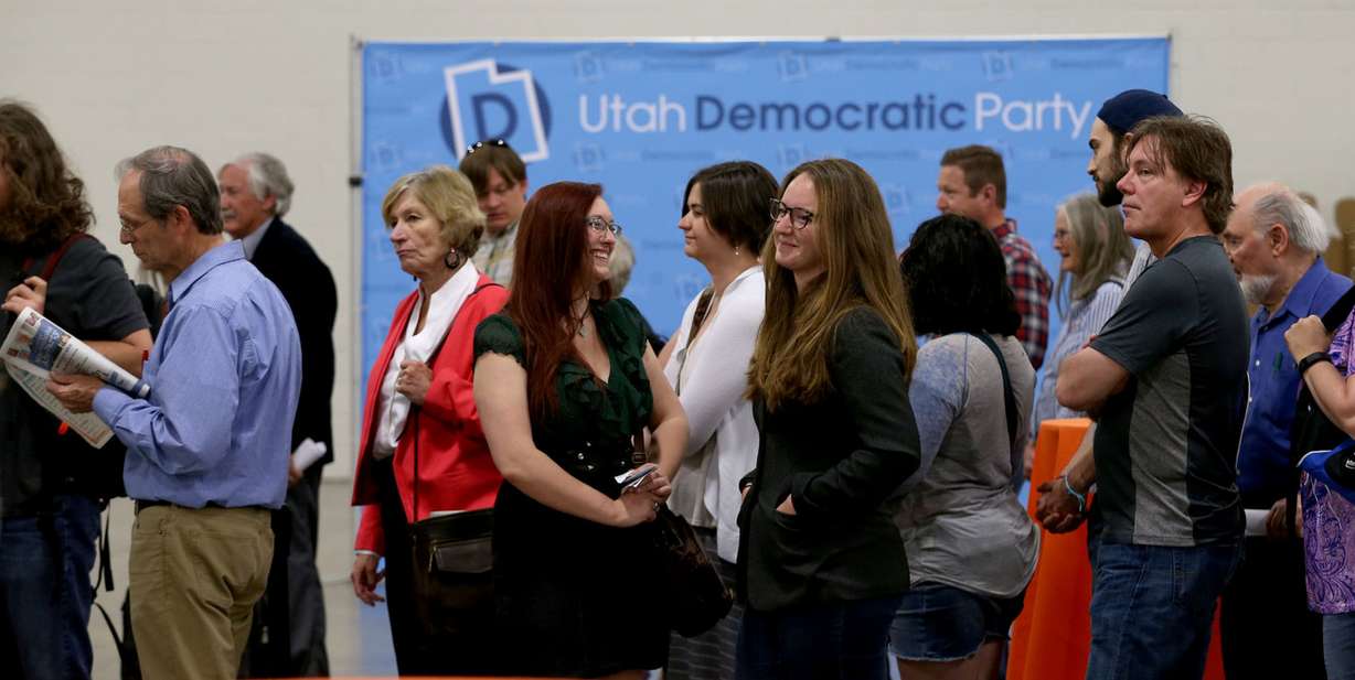 Democratic state officials wait in line to get their credentials at the Democratic Convention at the Salt Palace in Salt Lake City on Friday, April 22, 2016. (Photo: Laura Seitz, Deseret News)