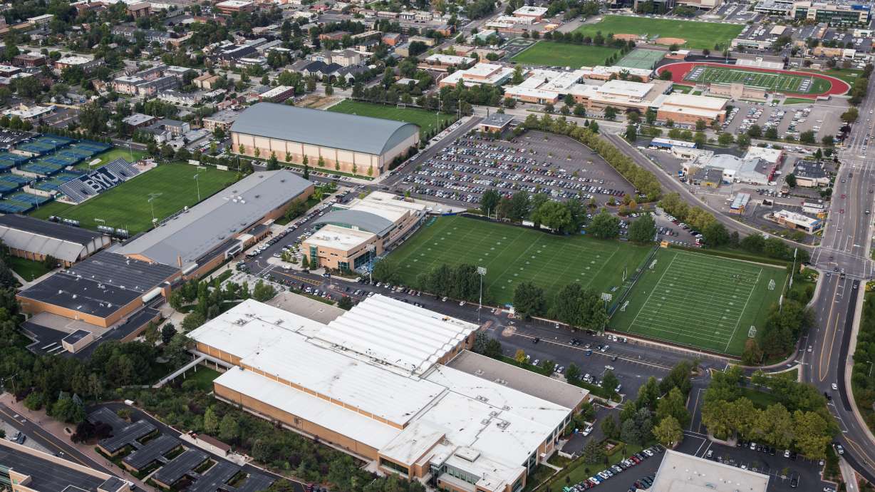 A look at the old Provo High School campus on University Boulevard from the direction of Brigham Young University to the east. The university confirmed plans to move its College of Fine Arts and Communications through the end of 2022, while it constructs a new building.