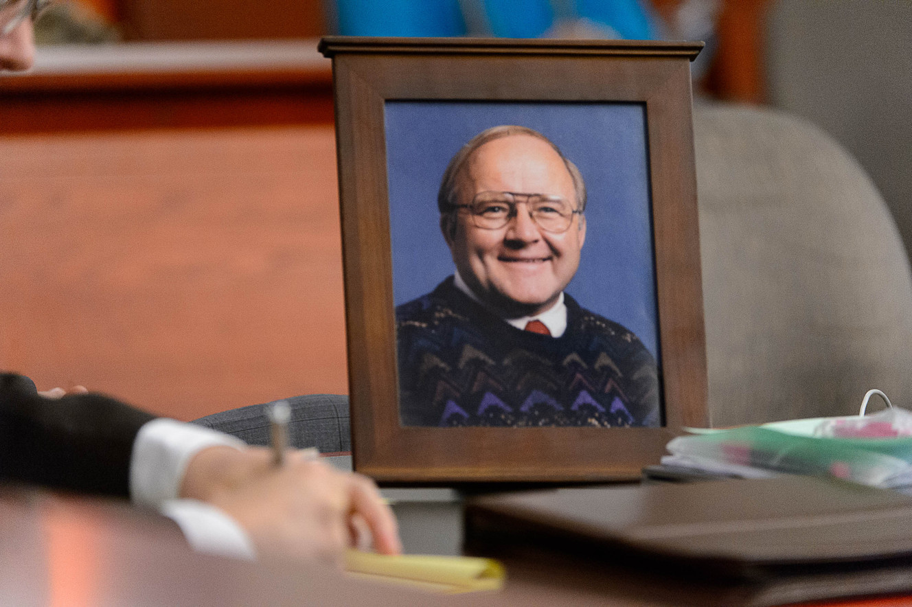 A photo of David Marsh, a clerk at the Lee Mart store in Murray who was killed in a robbery, is seen at the sentencing hearing for Juan Andres Zalazar in Salt Lake City on Tuesday April 26, 2016. Zalazar pleaded guilty in February to first-degree felony aggravated robbery and second-degree felony manslaughter for his part in Marsh's death. (Photo: Trent Nelson)