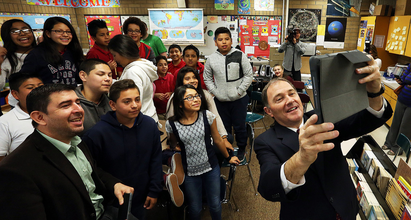 Gov. Gary Herbert takes a selfie with Jackson Elementary students in Homar Gosain's sixth-grade class at the Salt Lake City school on Tuesday, April 26, 2016. Each student at the school received a new iPad from Apple. (Photo: Ravell Call, Deseret News)