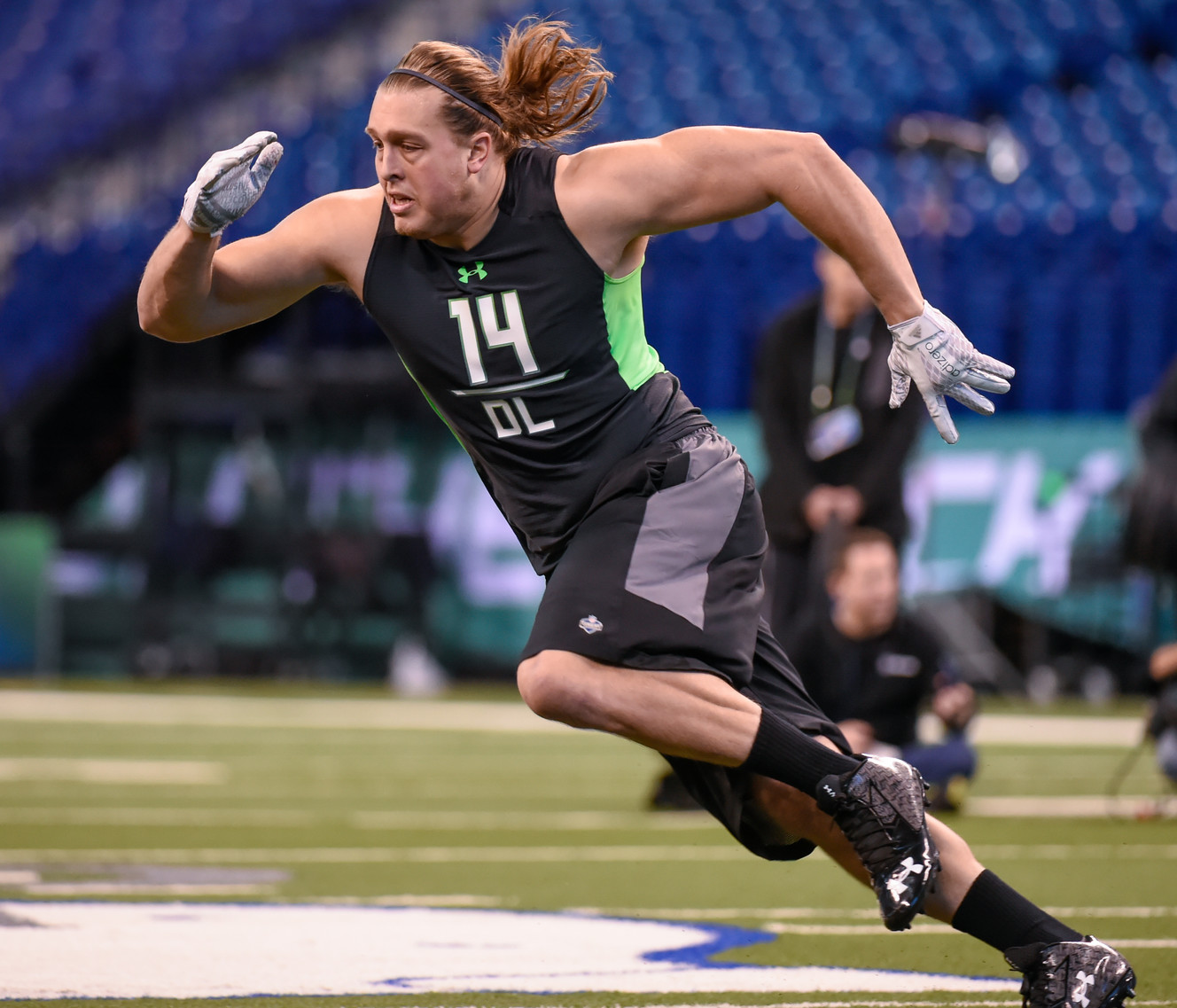 Southern Utah defensive lineman James Cowser runs a drill at the NFL football scouting combine, Sunday, Feb. 28, 2016, in Indianapolis. (AP Photo/L.G. Patterson)