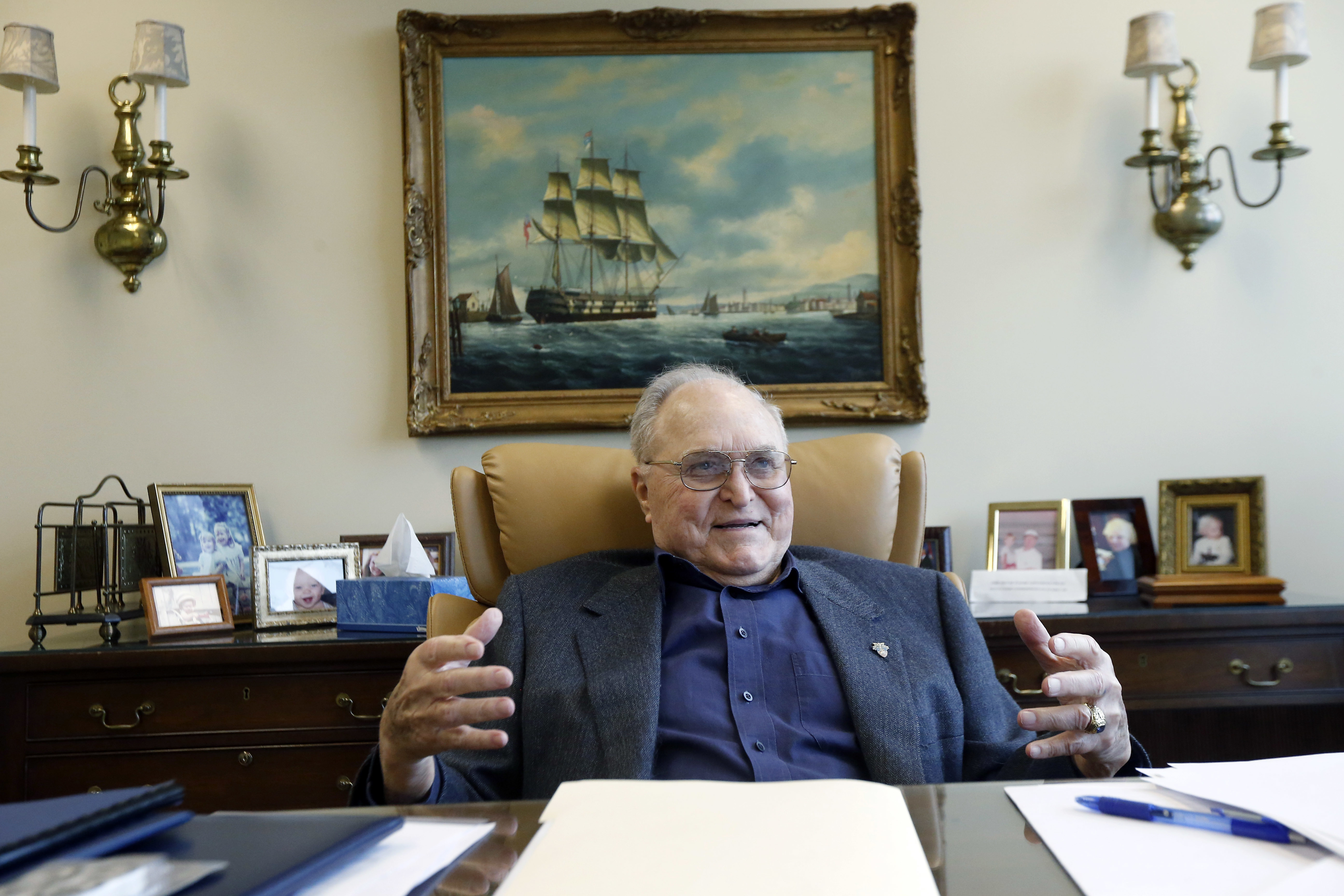 In this April 11, 2016 photograph, Billy Mounger, a 90-year-old oil businessman and 1976 chairman of Mississippi campaign for Republican presidential candidate Ronald Reagan, recalls the contested national convention where the state's delegation split between President Gerald Ford and Reagan, in his Jackson, Miss., office. Tension from the convention caused a permanent rift between Mounger and Clarke Reed, who was state GOP chairman at the time. (AP Photo/Rogelio V. Solis)