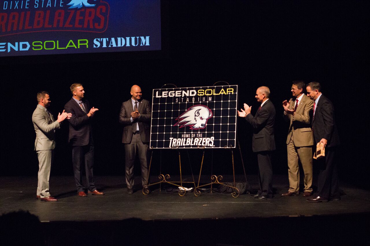 Legend Solar co-owners and co-founders Shaun Alldredge and Shane Perkins donate $10 million in funds and solar power to Dixie State University to go toward the institution's football stadium, which was renamed Legend Solar Stadium on Friday, April 29. (Photo: Dixie State University)