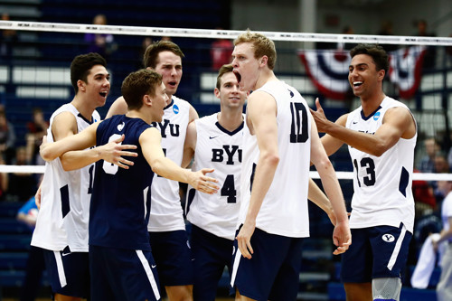 BYU celebrates a point in the second set. The BYU Men's Volleyball defeated Long Beach State 3-1 in the Semi-Final Match of the NCAA Volleyball Championships, hosted by Penn State in University Park, Pennsylvania. (Photo by Jaren Wilkey/BYU) © BYU PHOTO 2016 All Rights Reserved