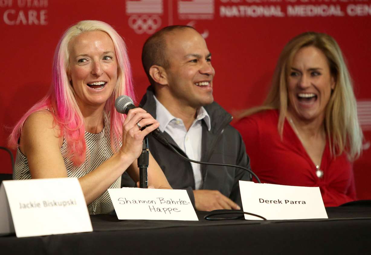 Olympic freestyle skier Shannon Bahrke-Happe, left, speaks during a press conference about a new partnership between University of Utah Health Care and the United States Olympic Committee at Rice Eccles Stadium in Salt Lake City on Wednesday, May 11, 2016. Next to her are Olympic speedskater Derek Parra and Paralympian cyclist and sit-skier Muffy Davis. (Photo: Kristin Murphy, Deseret News)