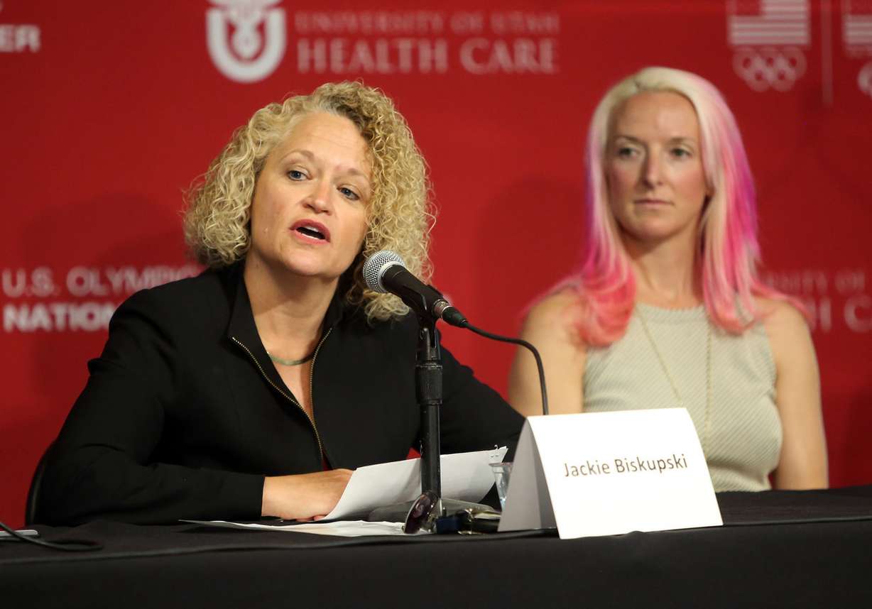Salt Lake City Mayor Jackie Biskupski speaks during a press conference about a new parternship between University of Utah Health Care and the U.S. Olympic Committee at Rice Eccles Stadium in Salt Lake City on Wednesday, May 11, 2016. Olympic freestyle skier Shannon Bahrke-Happe looks on. (Photo: Kristin Murphy, Deseret News)