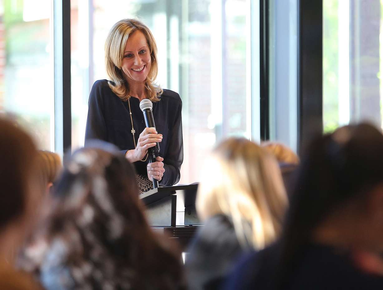 Keynote speaker Betsey Myers speaks during the Women's Leadership Institute and the Salt Lake Chamber's ElevateHer Challenge at a networking event at the Falls Event Center at Trolley Square in Salt Lake City on Wednesday, May 11, 2016. (Photo: Scott G Winterton, Deseret News)