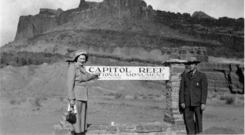 Capitol Reef National Monument Superintendent Charles Kelly and his wife, Harriet, pose for a photo at Capitol Reef, dated 1951. (Photo: Photo Courtesy Utah State Historical Society)