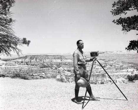 A photographer looks over the formations at Bryce Canyon National Park, dated in the 1940s. (Photo: Al Watkins Morton, Photo Courtesy Utah State History)