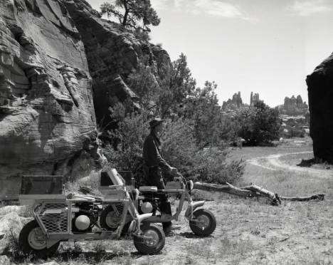 A man rides a motorized bike at Canyonlands National Park, dated in 1950s. (Photo: Al Watkins Morton, Photo Courtesy Utah State History)