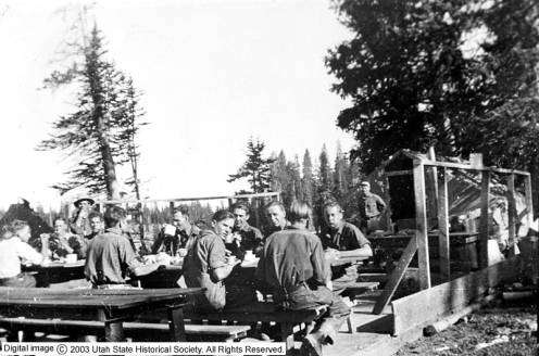 A crew of CCC employees eat at a camp mess hall, dated 1934 or 1935. (Photo: Photo Courtesy Utah State Historical Society)