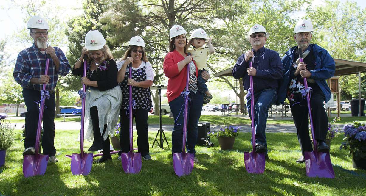 Elaine Runyan breaks ground with members of her family at a ceremony for the Rachael Runyan Memorial Park in Sunset on Tuesday, May, 17, 2016. Three-year-old Rachael, Elaine's daughter, was kidnapped and killed in 1982. (Photo: Hans Koepsell, Deseret News)