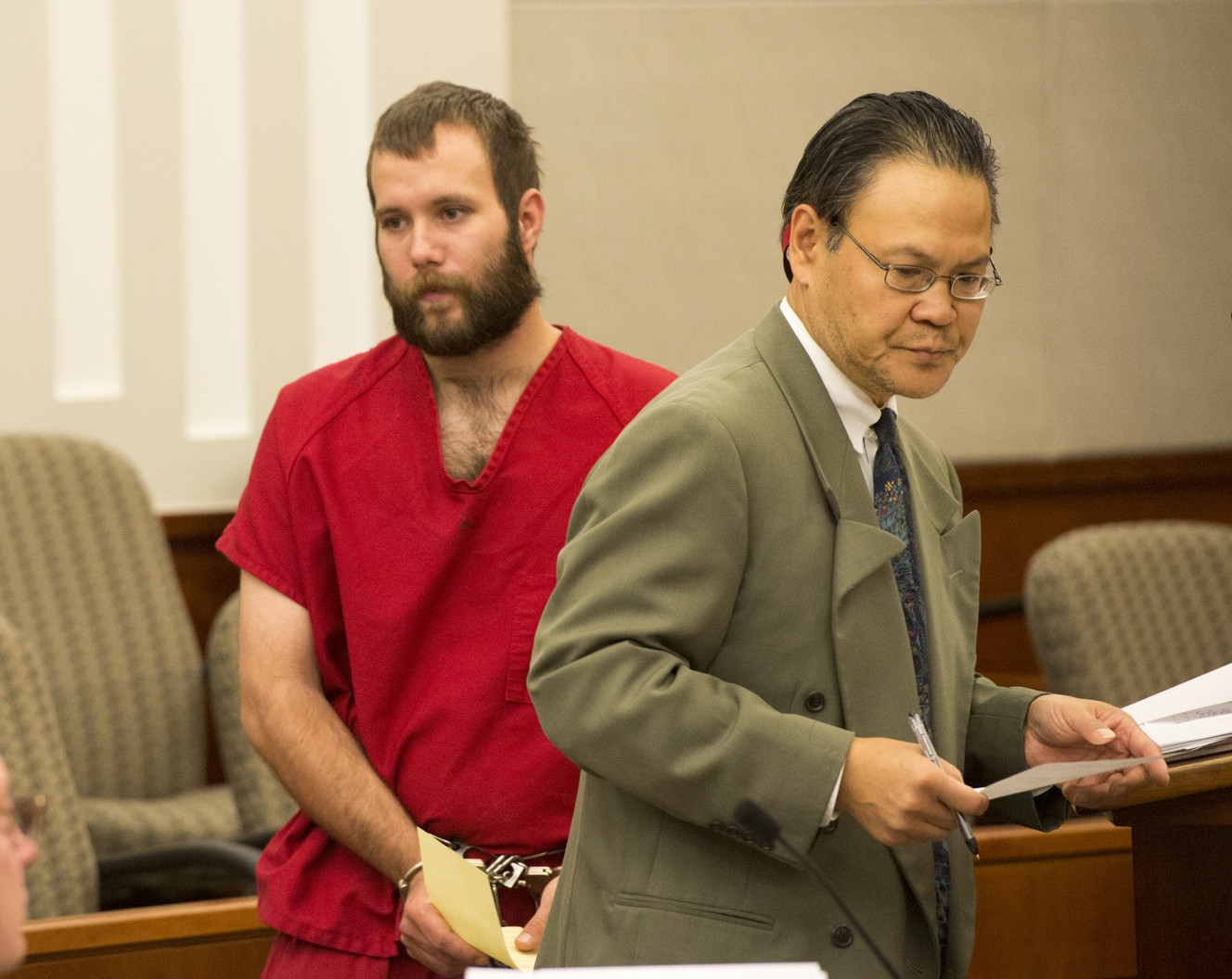 Dereck James Harrison stands with public defender, Ron Fujino, as he makes his initial court appearance for kidnapping charges at the Farmington Courthouse, Monday, May 23, 2016. (Photo: Rick Egan)
