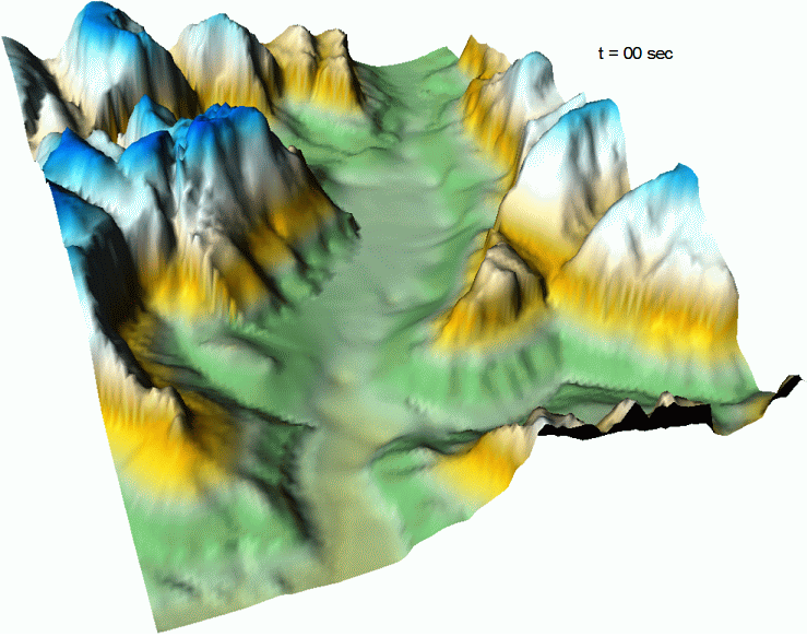 This animated computer simulation of the Sentinel rock-avalanche landslide in Utah’s Zion Canyon 4,800 years ago provides a perspective view showing the surface topography of the landslide as it occurred. (Image: Jeff Moore, University of Utah)