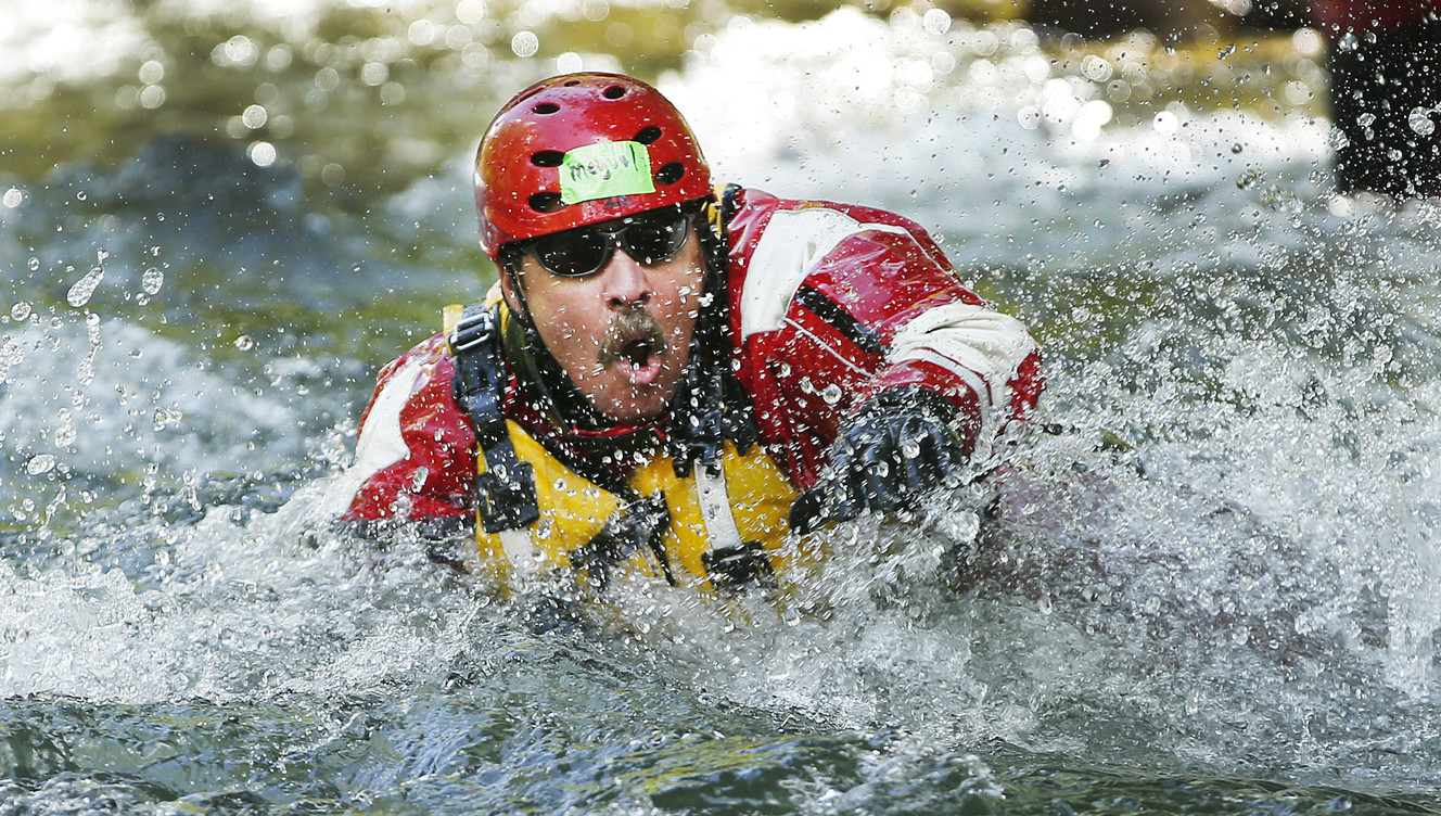 Unified firefighter Mike Quinones trains for swift water rescue on the Provo River in Provo Canyon on Wednesday, May 25, 2016. (Photo: Jeffrey D. Allred, Deseret News)