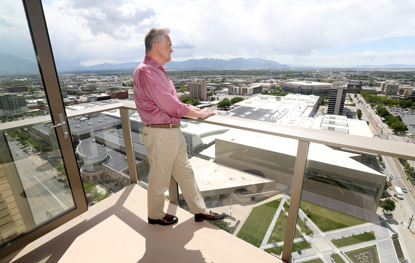 Wayne Hilbig looks down at the courtyard in front of Abravanel Hall from an apartment at City Creek Living in Salt Lake City on Friday, May 27, 2016. The location of Utah Museum of Contemporary Art, next to the plaza, is one site that has been proposed for a Salt Lake convention hotel. Hilbig is concerned about how the potential hotel and its height restrictions, or lack thereof, could impact the residents of City Creek Living. (Photo: Laura Seitz, Deseret News)