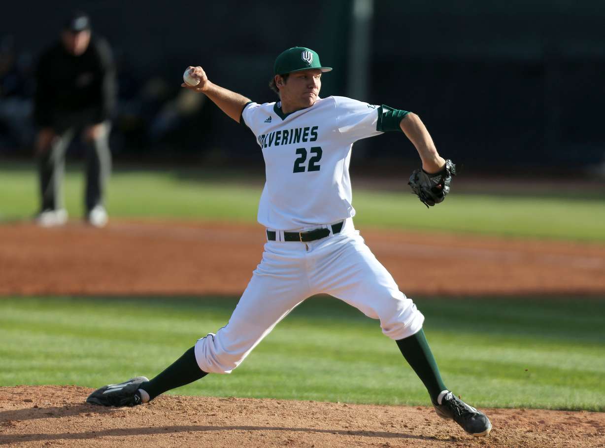 UVU pitcher Kaden Schmitt (22) throws a pitch during a baseball game against BYU at Brent Brown Ballpark in Orem Tuesday, May 10, 2016. (Photo: Kristin Murphy, Deseret News)