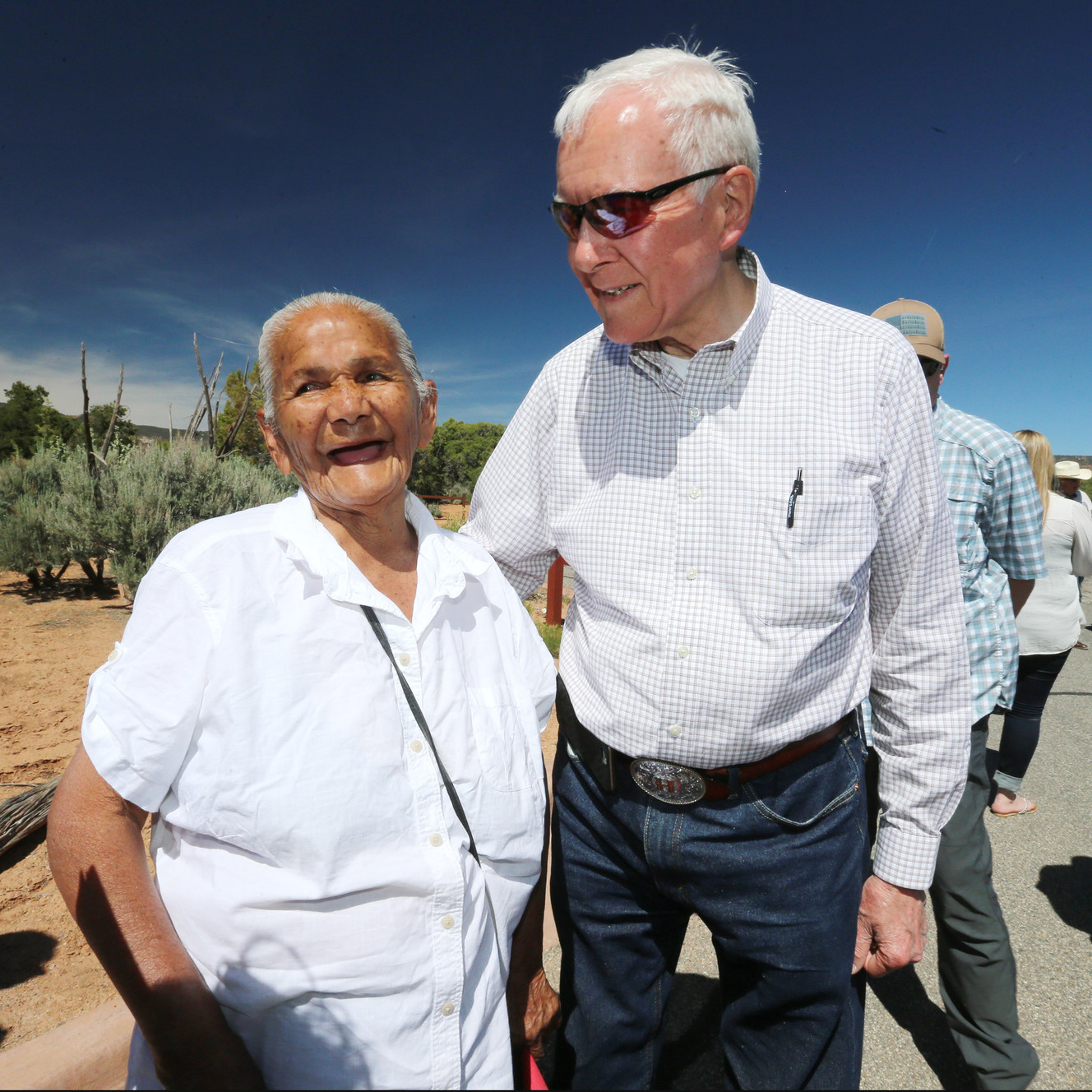 Betty Jones, a member of the Navajo tribe, and Sen. Orrin Hatch, R-Utah, discuss the proposed Bears Ears Monument during his tour of Natural Bridges National Monument in southeast Utah on Thursday, June 2, 2016. (Photo: Scott G Winterton, Deseret News)