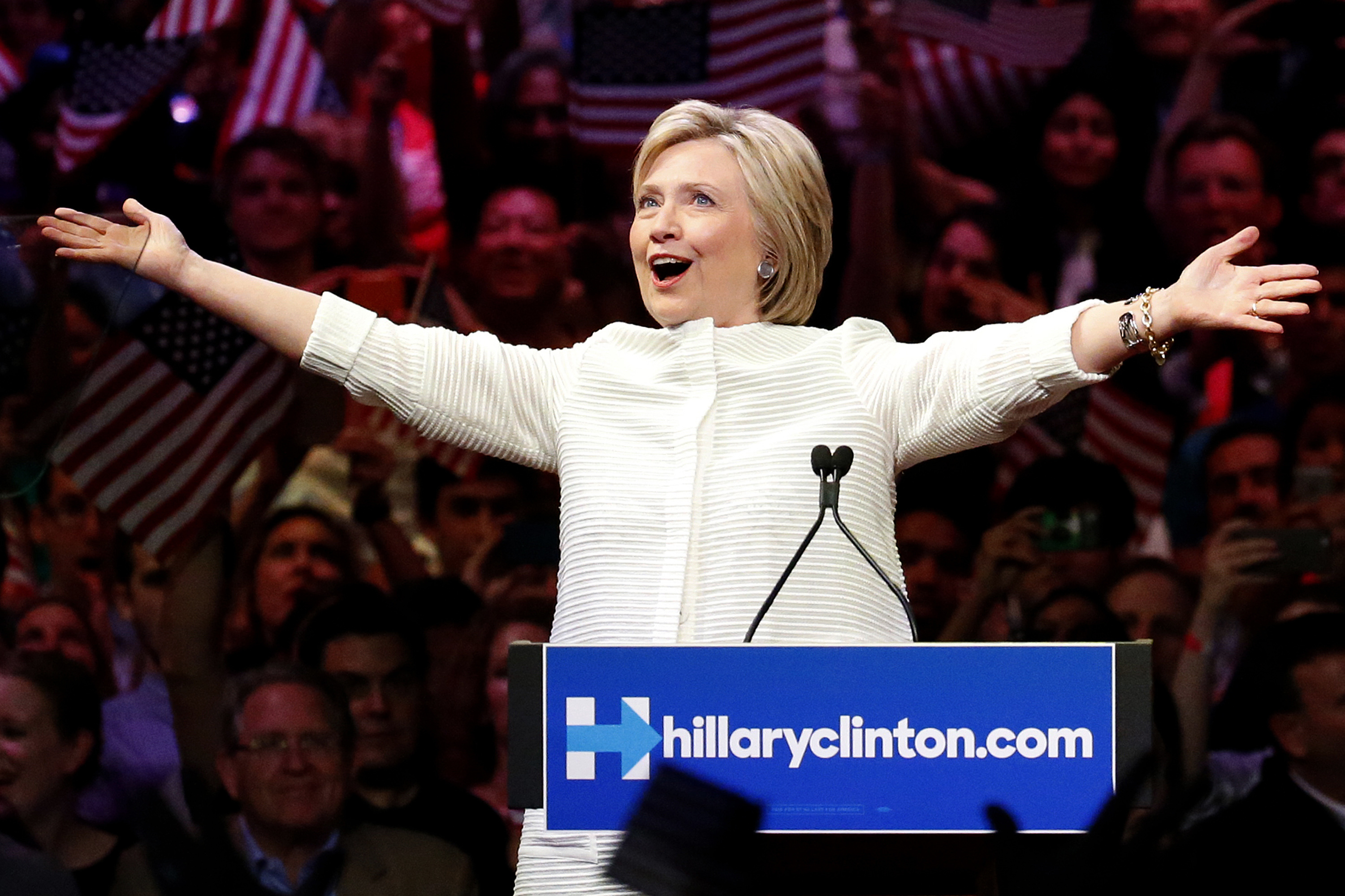 Democratic presidential candidate Hillary Clinton gestures as she greets supporters at a presidential primary election night rally, Tuesday, June 7, 2016, in New York. (AP Photo/Julio Cortez)