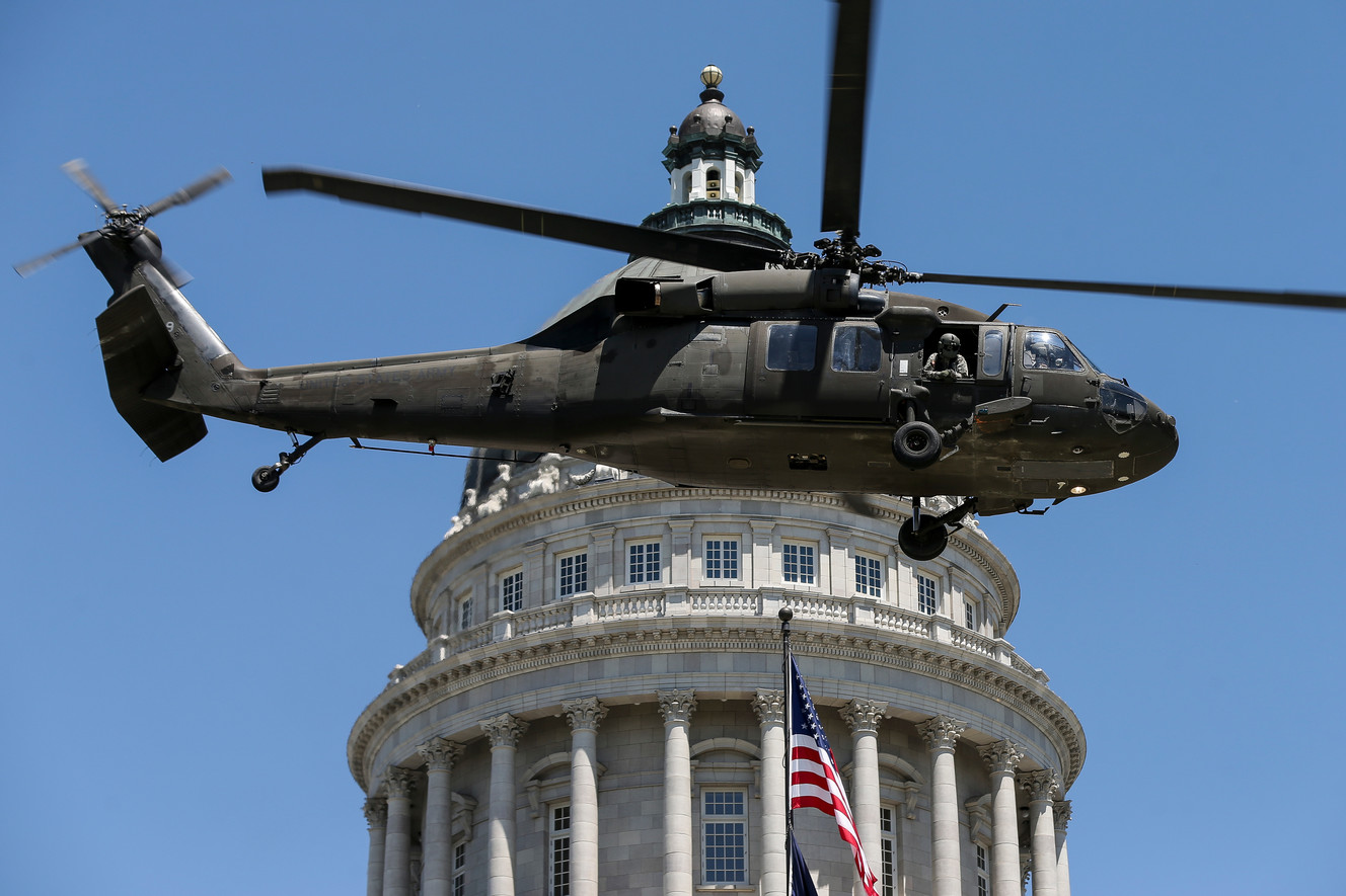 A Utah National Guard Black Hawk helicopter carrying Gov. Gary Herbert departs the Capitol in Salt Lake City on Wednesday, June 22, 2016. Herbert was to tour the Saddle Fire near Pine Valley. (Photo: Spenser Heaps, Deseret News)