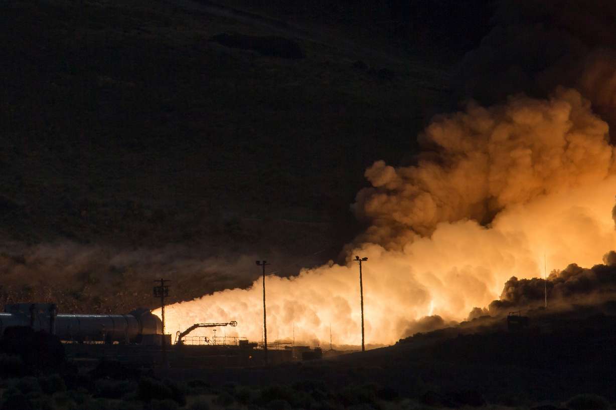 The five-segment rocket motor that will be used for NASA’s heavy-lift Space Launch System undergoes a ground test at the Orbital ATK facility in Promontory on Tuesday, June 28, 2016. (Photo: Spenser Heaps, Deseret News)
