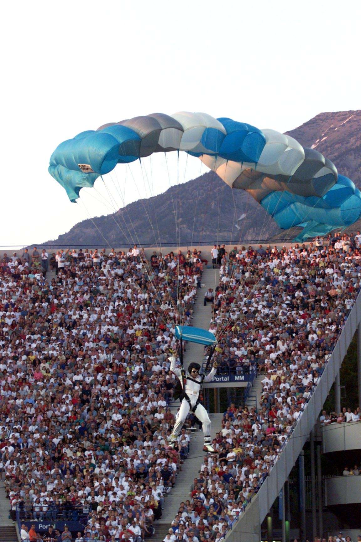 Flying Elvis makes entrance at Stadium of Fire on July 4, 1998. (Photo: Gary Mckellar, Deseret News archives)
