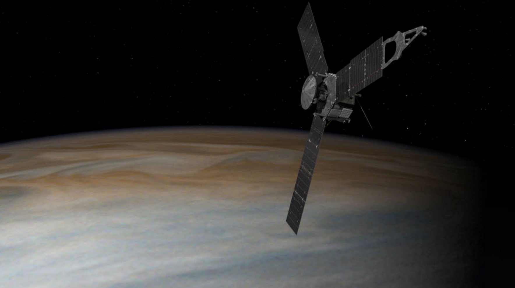 This illustration depicts NASA's Juno spacecraft in orbit above Jupiter. (NASA)
