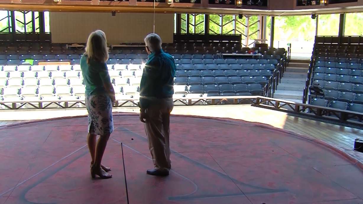 Utah Shakespeare Festival founder Fred Adams gives KSL's Carole Mikita a tour of the new Englestad Shakespeare Theatre at The Beverly Taylor Sorenson Center for the Arts in Cedar City, Utah. (Photo: Alan Neves, KSL TV)
