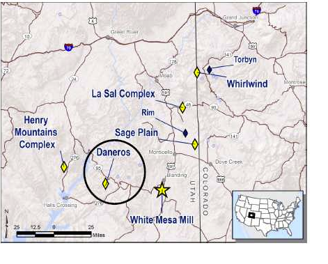 This map shows the location of a proposed mine expansion in southeastern Utah and its proximity to the country's only conventional and operating uranium mill. (Photo: U.S. Government)