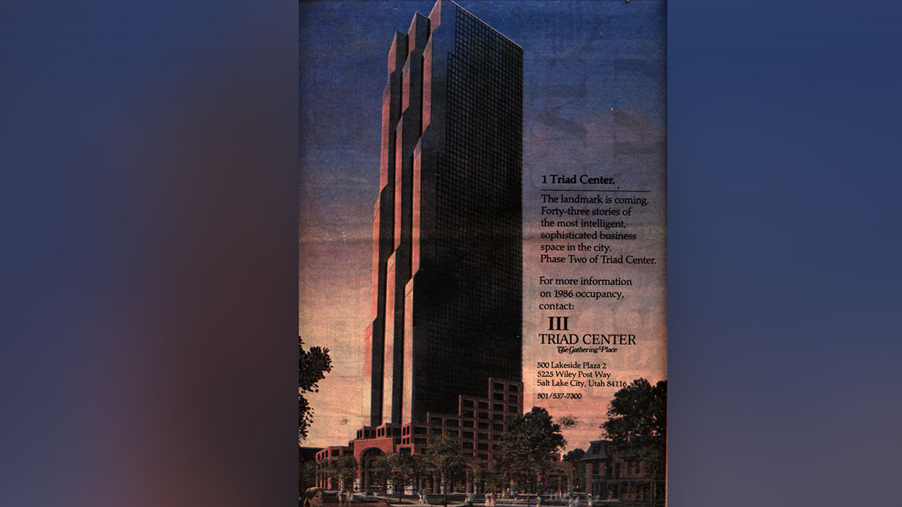 A Triad advertisement showing what the Triad 1 building was supposed to look like. Ground broke on the structure in 1985, but nothing happened after that. (Archive Photo)