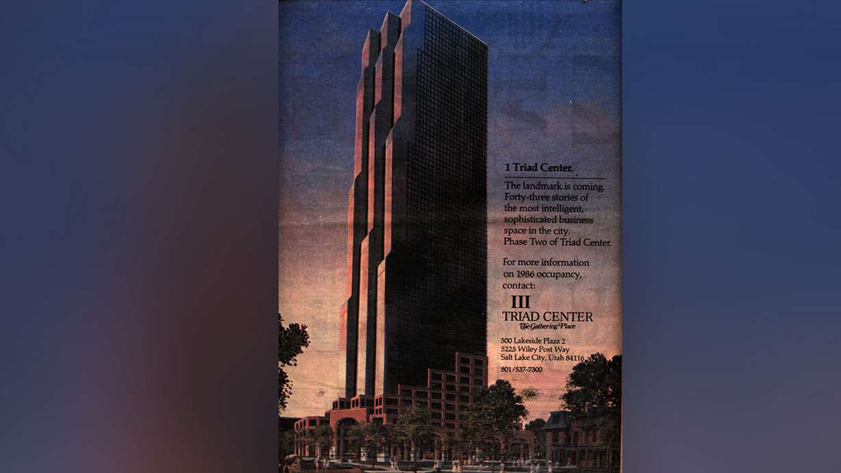 A Triad advertisement showing what the Triad 1 building was supposed to look like. Ground broke on the structure in 1985, but nothing happened after that. (Archive Photo)