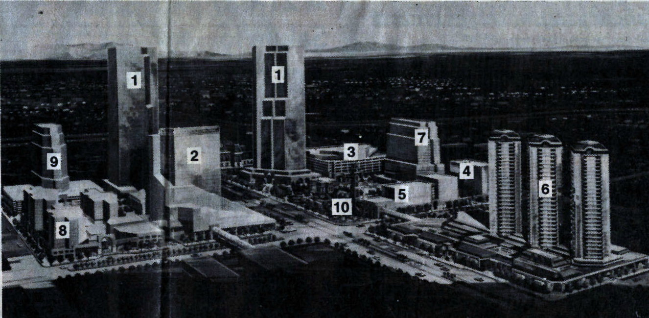 A look at what the Triad Center was planned to look like from a drawing in a June 1982 newspaper clipping. The original plan included twin towers, a hotel, parking, the Utah Department of Social Services, the KSL broadcasting house, three residential condo towers, rental departments and two other office buildings. (Photo: Deseret News archives)