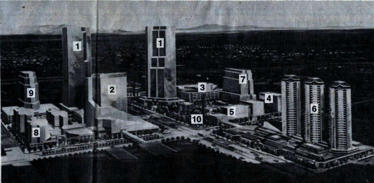 A look at what the Triad Center was planned to look like from a drawing in a June 1982 newspaper clipping. The original plan included twin towers, a hotel, parking, the Utah Department of Social Services, the KSL broadcasting house, three residential condo towers, rental departments and two other office buildings. (Photo: Deseret News archives)